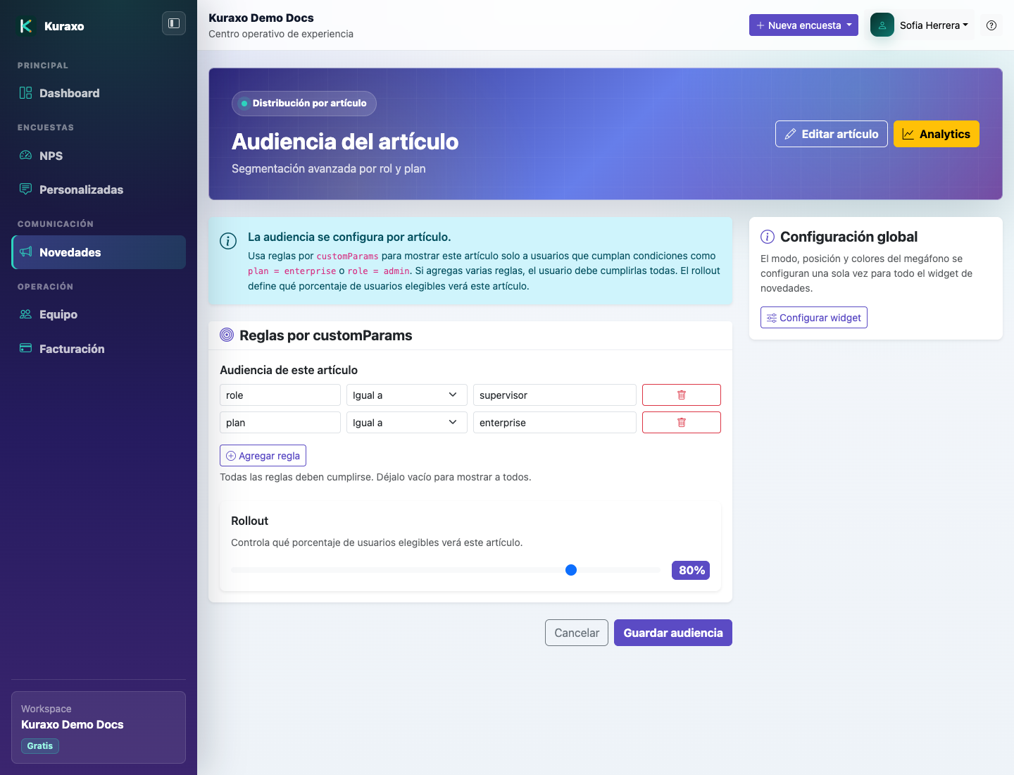 Configuración de audiencia por artículo con reglas customParams y rollout