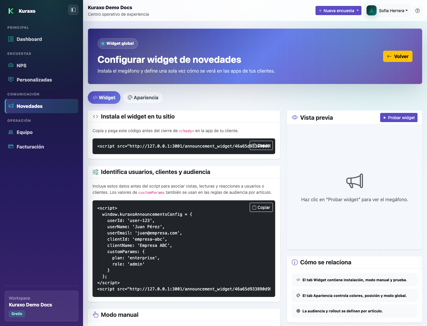 Configuración del widget de Novedades con apariencia, modo flotante/manual y snippet